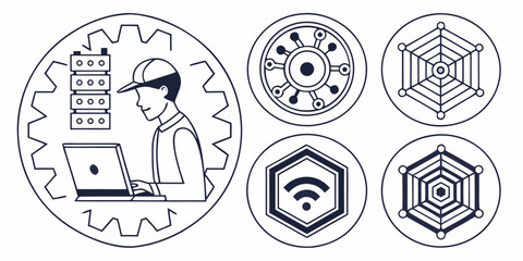 Man working on laptop with servers and network icons silhouette isolated on white background