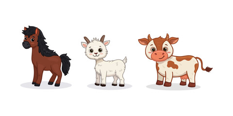 Wall Mural - Set of cartoon cute animals. Funny horse, goat and cow. Funny animals for magazines, postcards, cards. Vector illustration