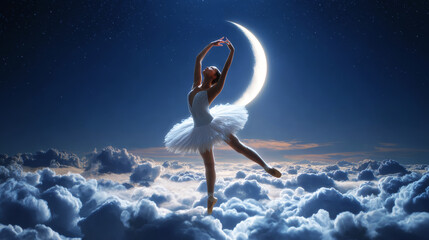 Wall Mural - A ballerina dances on the clouds against the backdrop of the moon.