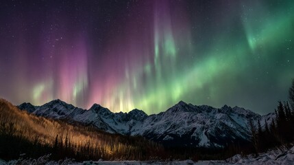 Wall Mural - A breathtaking view of the northern lights over  snow-covered mountains. 