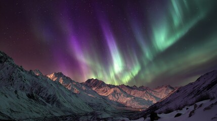Wall Mural - A breathtaking view of the northern lights over  snow-covered mountains. 