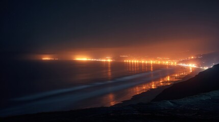 Wall Mural - A long trail of glowing lights leads across the ocean,  light illuminating its way through the foggy weather conditions.