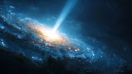 Wall Mural - A spiral galaxy, centered in the frame with a beam of light emanating from its core