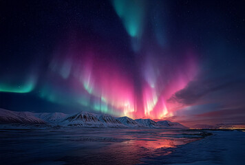 Wall Mural - Aurora borealis over the frozen sea and snow covered mountains.