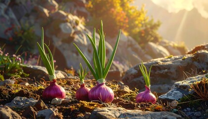 Sprouts of vibrant purple onions emerge from the rocky earth, bathed in the golden morning light.