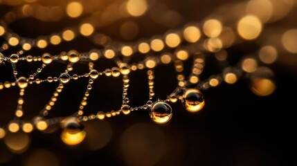 Golden Dewdrop Jewels: Macro Shot of Spiderweb with Bokeh Effect.
