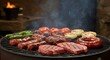 © Letcia - Argentinian parrillada with grilled meat cuts and vegetables served on rustic table.