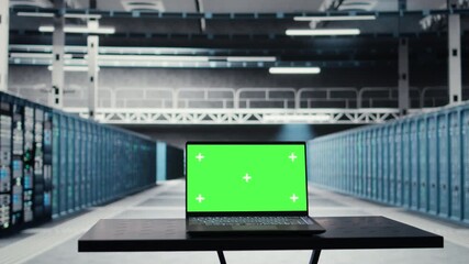 Isolated screen laptop in data center used for doing maintenance on infrastructure, improving workload. Chroma key notebook in server farm used by high tech server clusters for parallel processing