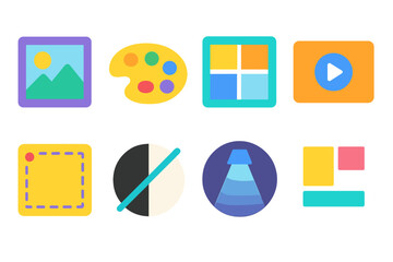 Design tools flat icon set. featuring image, palette, grid, play, crop, contrast, lamp, and layout symbols