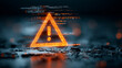 © SKIMP Art - a digital orange triangle with an exclamation mark inside, floating over the screen of computer code and data, symbolizing the danger associated with cyber attacks from multiple angles Generative AI