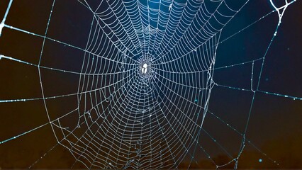 Intricate spiderweb glistening with morning dew drops in a dark, moody forest setting for nature concept