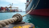 Thick mooring ropes tied around a bollard, securing a large ship to the dock in a bustling industrial harbor, created with generative ai