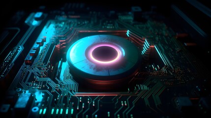 Close-up of a futuristic AI processor chip with glowing core