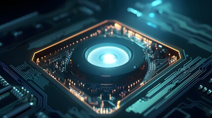 Close-up of a futuristic AI processor chip with glowing core