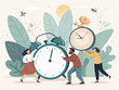 © Googl - People interacting with large clocks surrounded by foliage and flying birds in a whimsical illustration