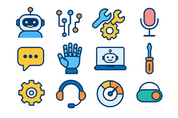 Technology and tools flat icons set. featuring robot, ai, circuit, microphone, hand, and gear symbols