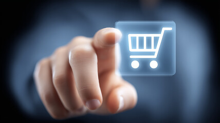 Wall Mural - Hand pressing a floating shopping cart button representing add to cart and purchasing action, symbolizing online retail conversion and customer intent.
