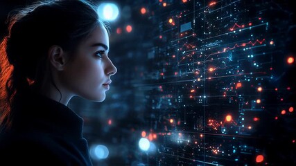 Focused Woman Analyzing a Complex Futuristic Data Stream on a Glowing Digital Interface with Network Connections.