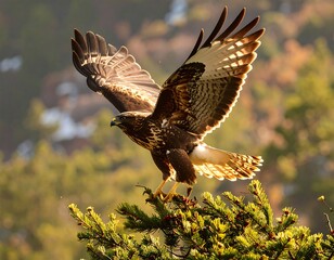 hawk landing on pine branch