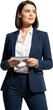 © People Stock - Professional woman in dark blue suit and white shirt holding a tablet looking to the right