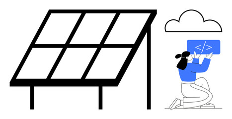 Woman coding under a cloud near a solar panel, showcasing innovation, sustainability, and digital transformation. Ideal for tech development, renewable energy, sustainability, coding, environment