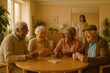 © Bijac - Joyful seniors gathered around a bright care home table playing cards and sharing laughter warm afternoon light aging with dignity and connection