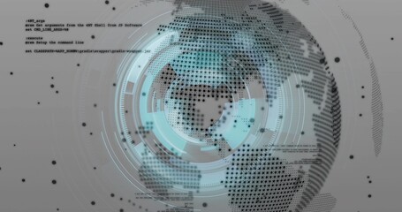 Wall Mural - Rendering stylized digital globe over virtual grey interface, with data points and code snippets