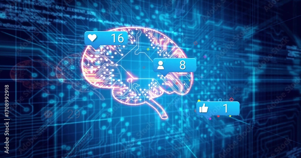 Glowing neon circuit brain pulsating in blue data grid, with social ...