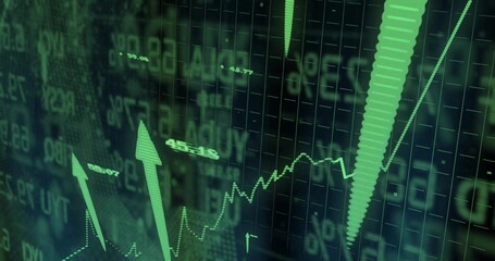Wall Mural - Displaying green upward arrow rising on trading interface grid, with jagged line graph, copy space
