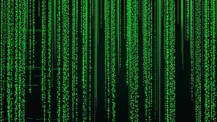 Green cascading binary code on a black screen representing cyberspace, virtual reality, and information technology