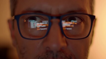 Close Up Face with Blue Glasses and Code Reflections on Lenses in a Warm Light Setting