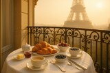 Romantic Parisian breakfast on balcony with croissants and cafe creme sunlit rooftop view of an iconic lattice tower soft morning haze cozy travel lifestyle