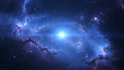 Wall Mural - A celestial deep space blue flare pulses with gentle light, illuminating swirling nebulae in a seamlessly looping abstract galaxy optical, animation, tech