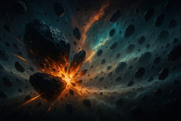 Wall Mural - Asteroid belt collision shattering into blazing fragments and dust clouds near a luminous nebula cinematic deep space scene with scale and motion