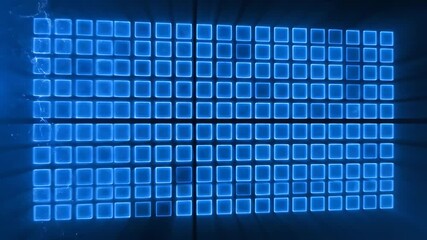 Wall Mural - A grid of glowing blue abstract squares rapidly pulses with an electrifying glowing flash, creating a seamlessly looping digital display fluid, structure, fantasy