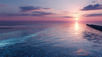 Wall Mural - serene sunset over tranquil ocean, with soft waves reflecting shades of pink and purple. horizon ble