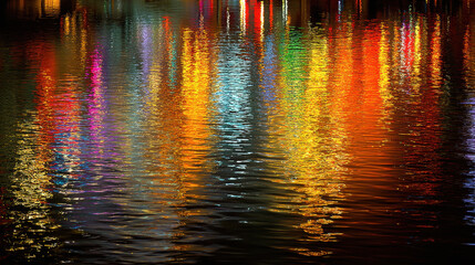 Wall Mural - Colorful reflections dance on water surface, creating vibrant display of light and color. shimmering hues evoke sense of tranquility and beauty in this serene setting