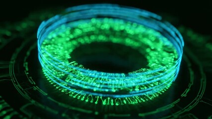 Wall Mural - A seamlessly looping video of a green digital circuit energy ring with data streams flowing around its circumference technology, seamlessly looping video, green