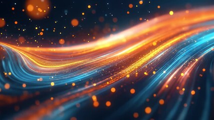 Abstract dynamic waves of glowing orange and blue light with shimmering particles