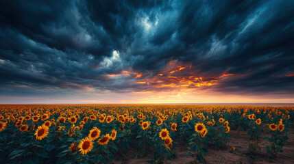 Wall Mural - vibrant field of sunflowers stretches under dramatic sky filled with dark clouds and stunning sunset
