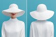 © Aleksander - A woman wearing a large white sun hat mockup and a white top, facing forward and backward against a blue background