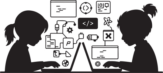 Two children silhouettes learning coding with laptops and abstract digital icons kids programming