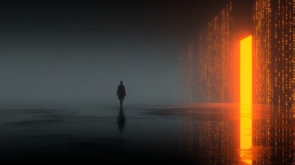 Intriguing journey towards the future of technology with a glowing portal in a misty landscape
