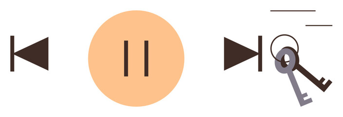 Rewind, pause, and play buttons interact with flowing keys concept, linking media controls and unlocking access. Ideal for technology, user interface, security, digital media, communication
