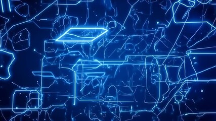 Abstract futuristic blue technology circuit board background animation, neon lines, digital data
