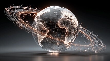 Dynamic glowing earth with digital network connections and light trails, representing global connectivity and technology.