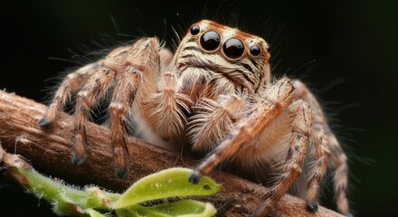 Macro Close-Up of a Curious Jumping Spider with Reflective Eyes on a Brown Branch