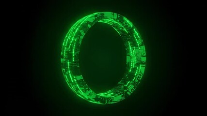 Wall Mural - A seamlessly looping video of a green digital circuit energy ring with data streams flowing around its circumference technology, energy, innovation