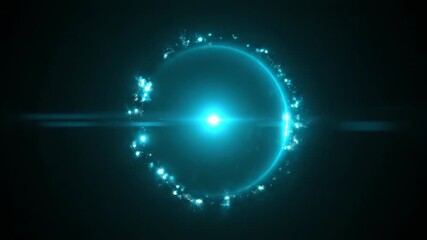 Wall Mural - A seamlessly looping video presents an energetic teal circular flare with small light bursts radiating outwards, symbolizing abstract innovation and progress motion graphics, backdrop, light