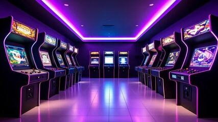Neon lit interior showcases a classic retro arcade room with vintage arcade machines in parallel rows, illuminating the tiled floor